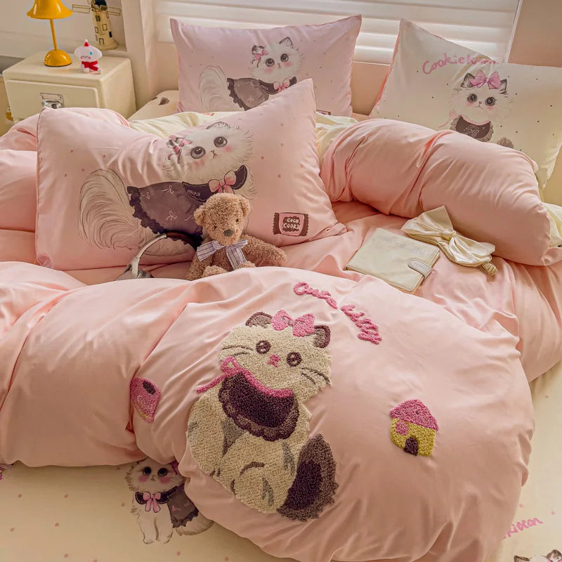 Bettwäsche-Set – Süsse Rosa Cartoon-Katzen – Weiche Baumwolle