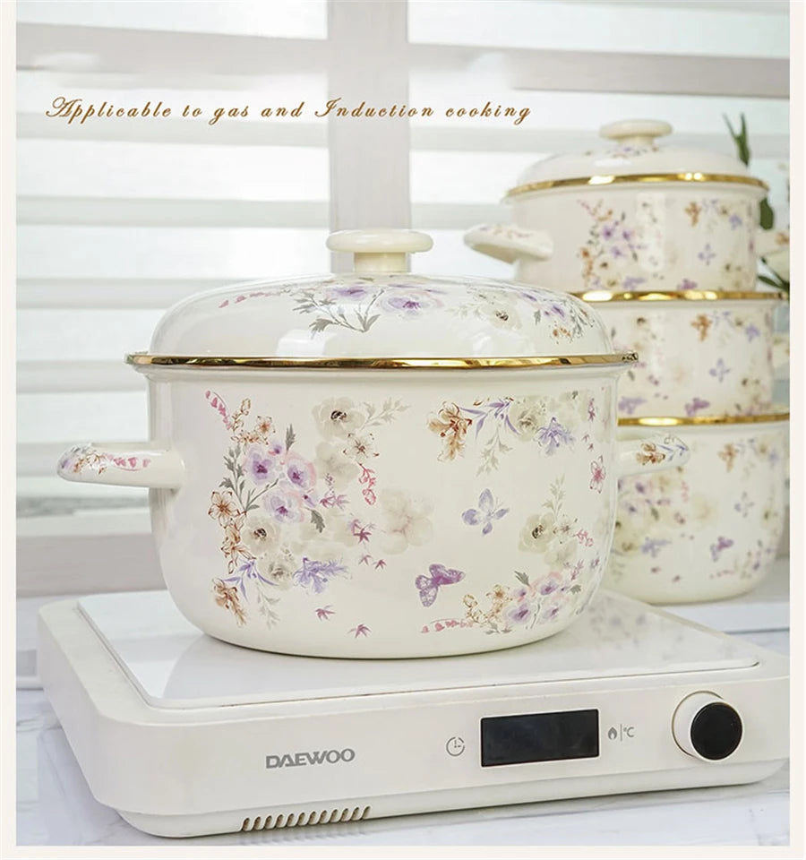 Eleganter Emaille Kochtopf – Florales Handdesign 3.3L