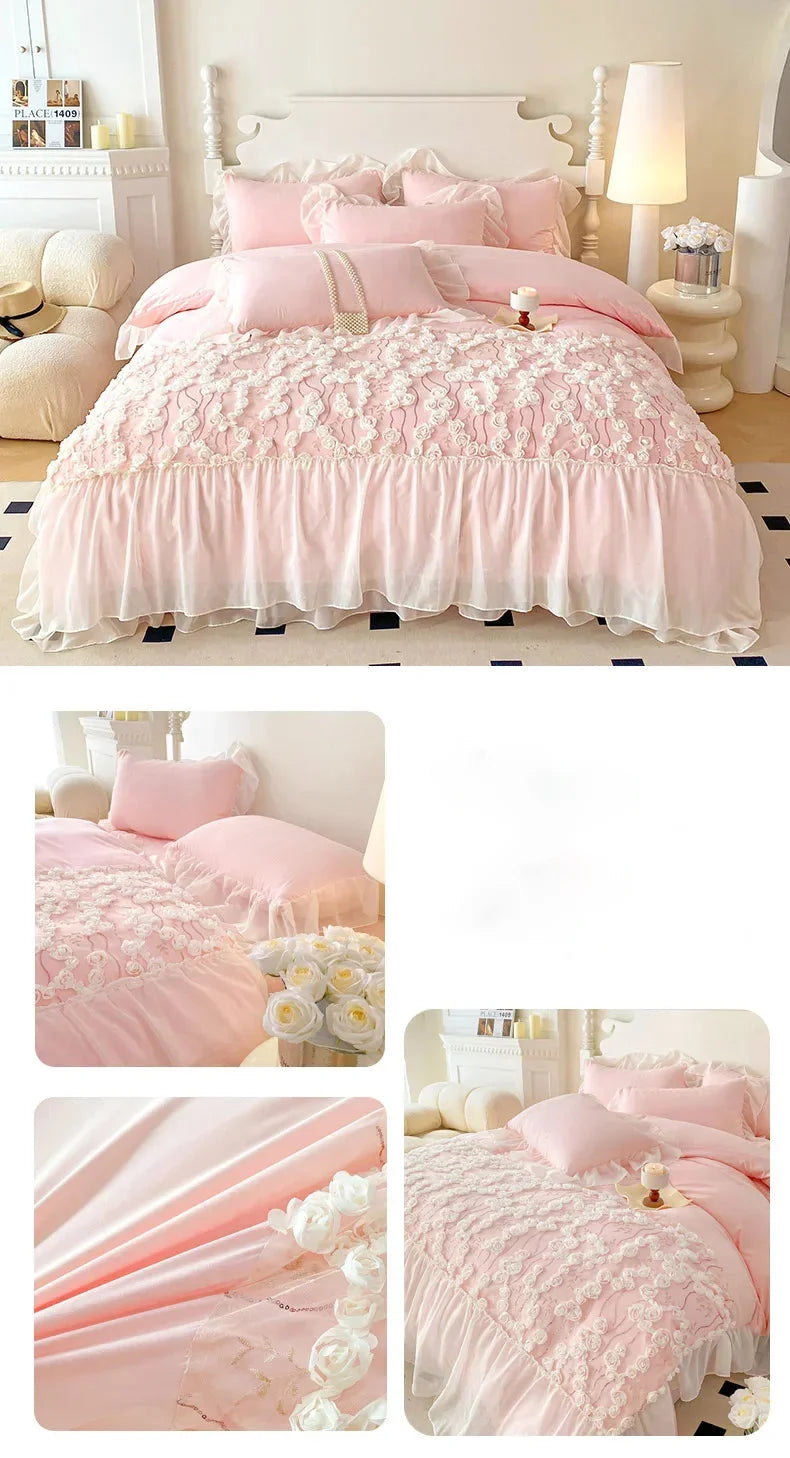 Prinzessin Rosa Bettwäsche – Spitze & Blumen – Verschiedene Grössen