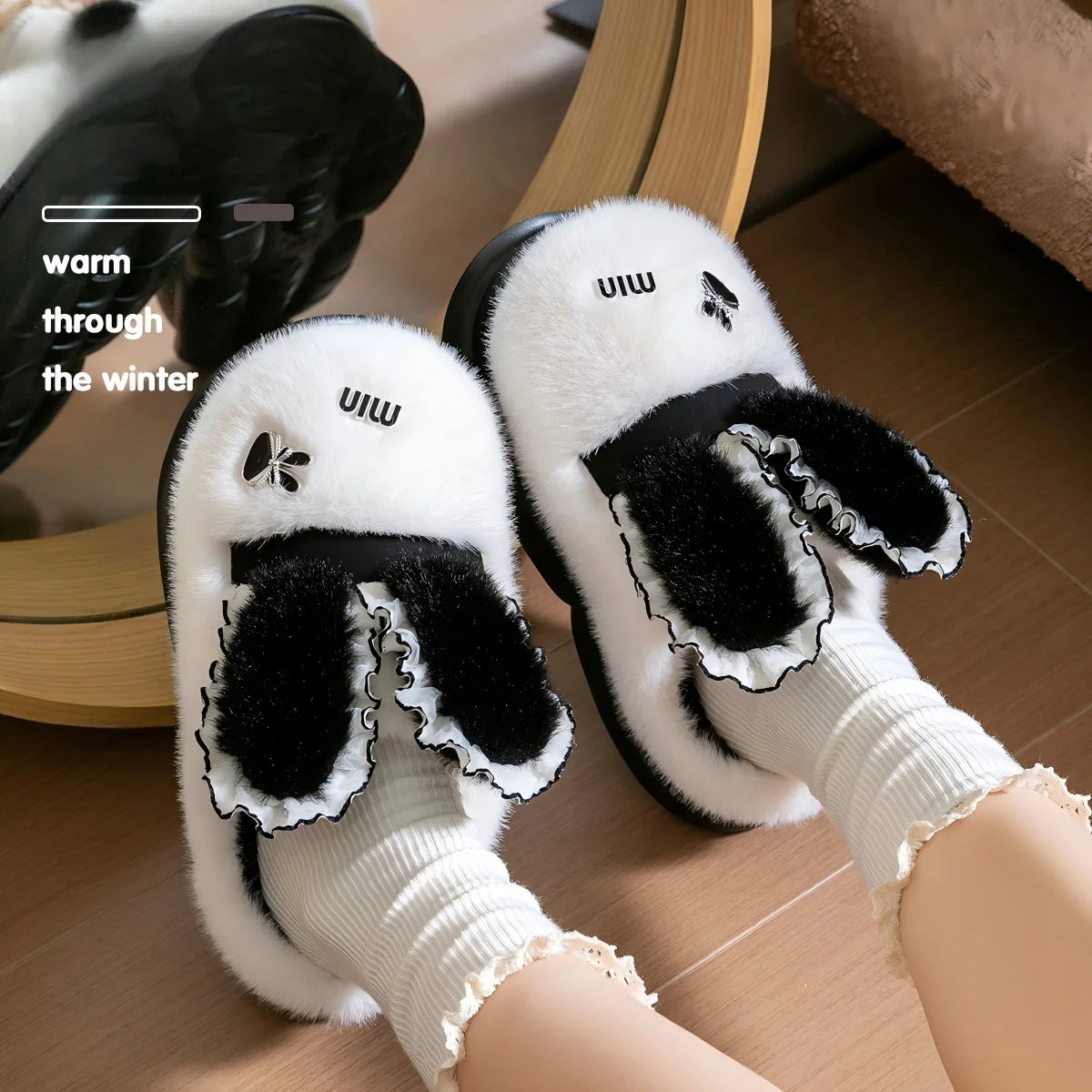 Baumwollpantoffeln – Tiermuster Pelz – Indoor Winter