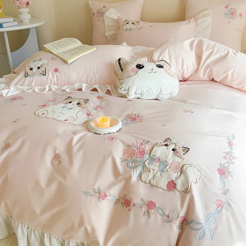 Katzen Bettwäsche Set – Blumendesign Baumwolle – Verschiedene Grössen