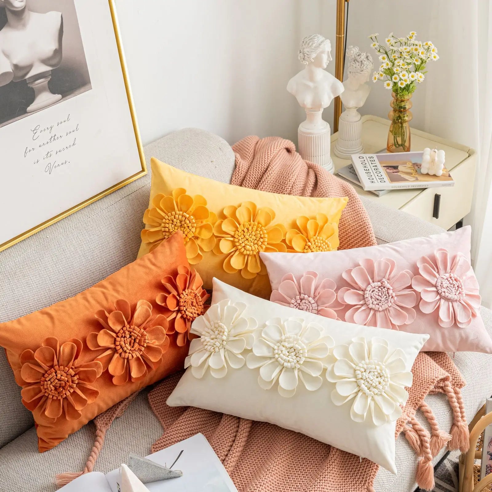 Florales Kissenbezug aus Samt – Handgemachtes 3D Design – Sofa/Bett