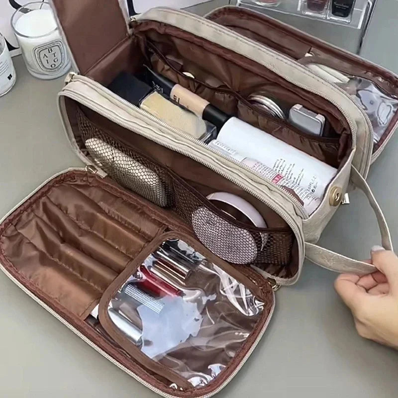 Kosmetiktasche – PU Leder, Doppel-Reissverschluss, Tragbar