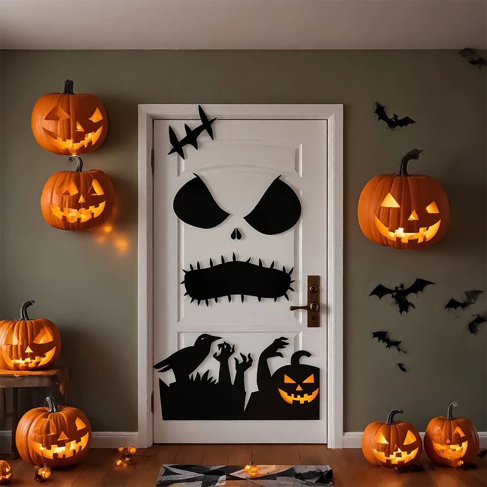 Halloween-Aufkleber – Filzskelett & Kürbis – Türdeko