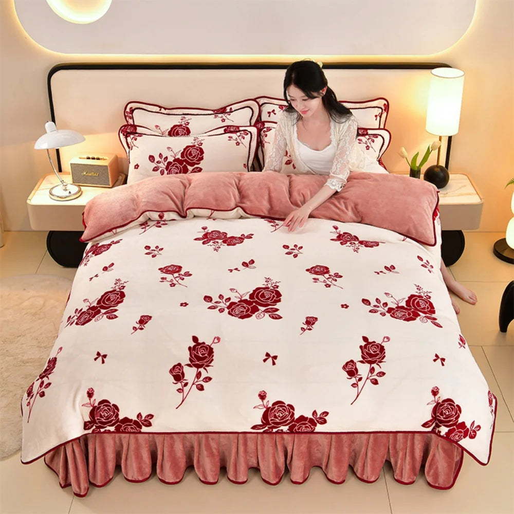 Luxus Fleece Bettwäsche in Blumenpink, Queen Grösse 200x230cm, Wohnzimmer