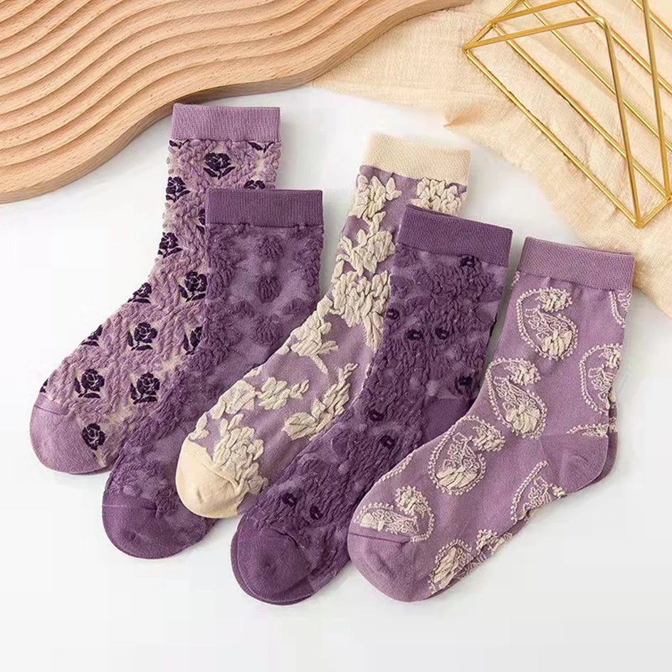 Damen Baumwollsocken – 3D Blumenstil – 5er Set