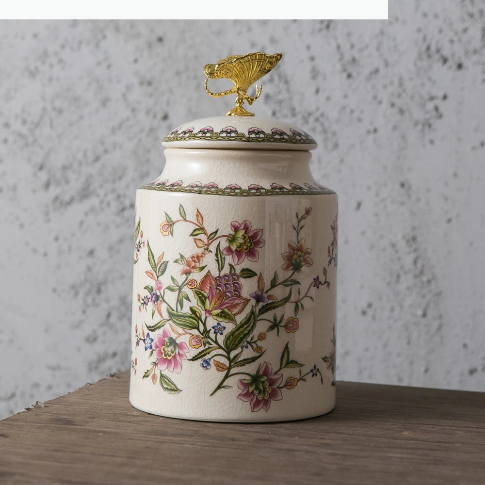 Keramik Vorratsglas – Blumen- & Vogel-Design – Dekorativer Runddeckel