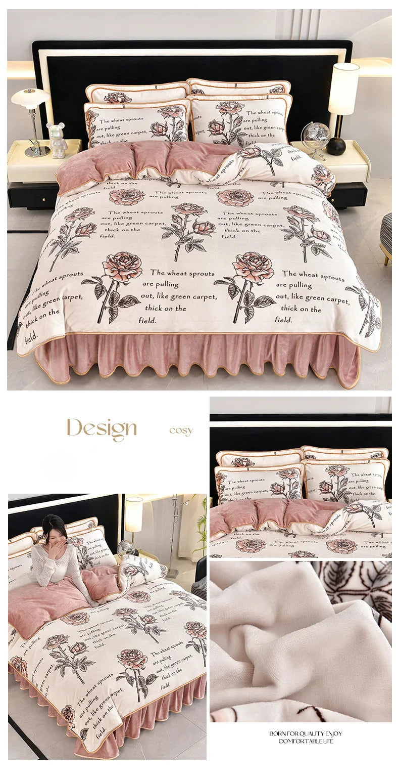 Luxus Fleece Bettwäsche in Champagner Grau, King Grösse mit Blumen-Design