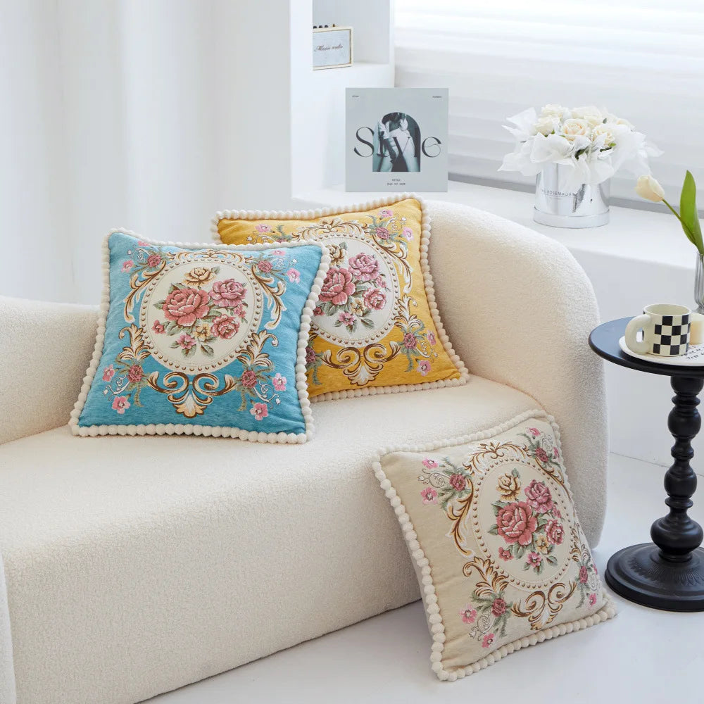Chenille Blumenkissenbezug – Vintage Bestickt 48cm