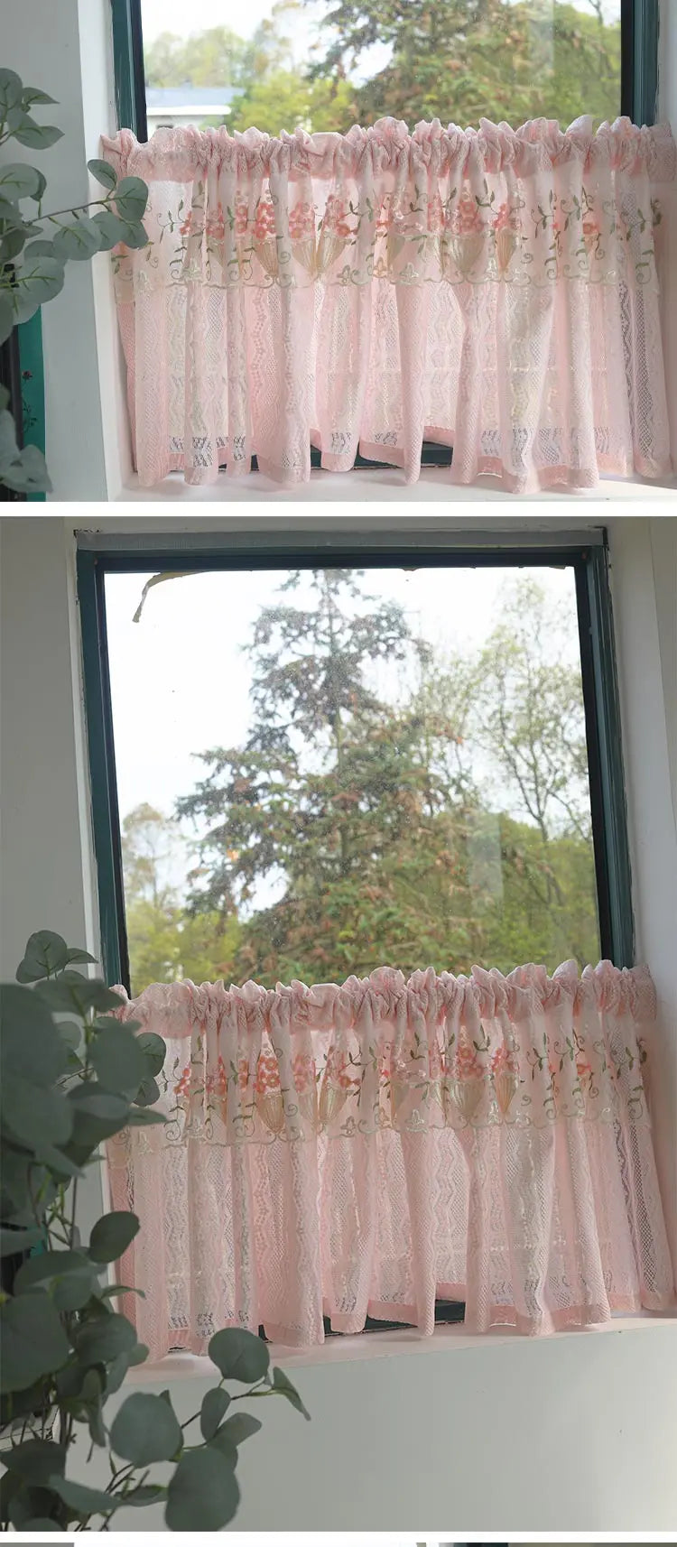 Rosa Spitzenvorhang – Landhausstil für Küchenfenster