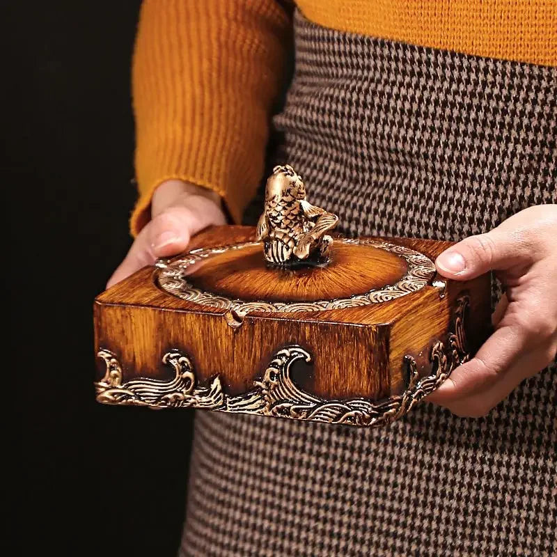Quadratischer Harzaschenbecher im chinesischen Stil mit Deckel für Wohnzimmer