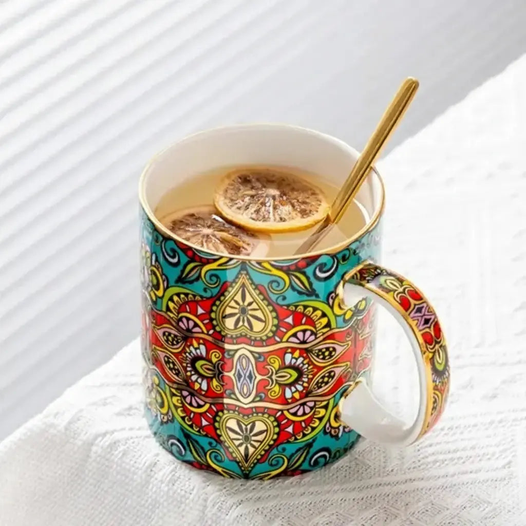 Bohemian Keramik Kaffeeset - Klassischer Stil mit Löffel