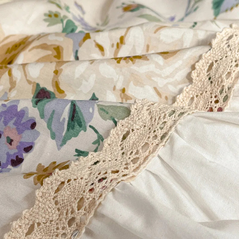 Pastorale Blumen Bettwäsche Set – 100% Baumwolle mit Spitzen