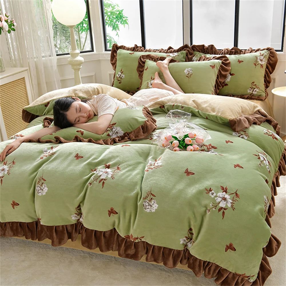 Winter Bettwäsche Set Fleece mit Spitzen, Farbe: ziselangman, Grösse: King 4 Teile 220x240cm