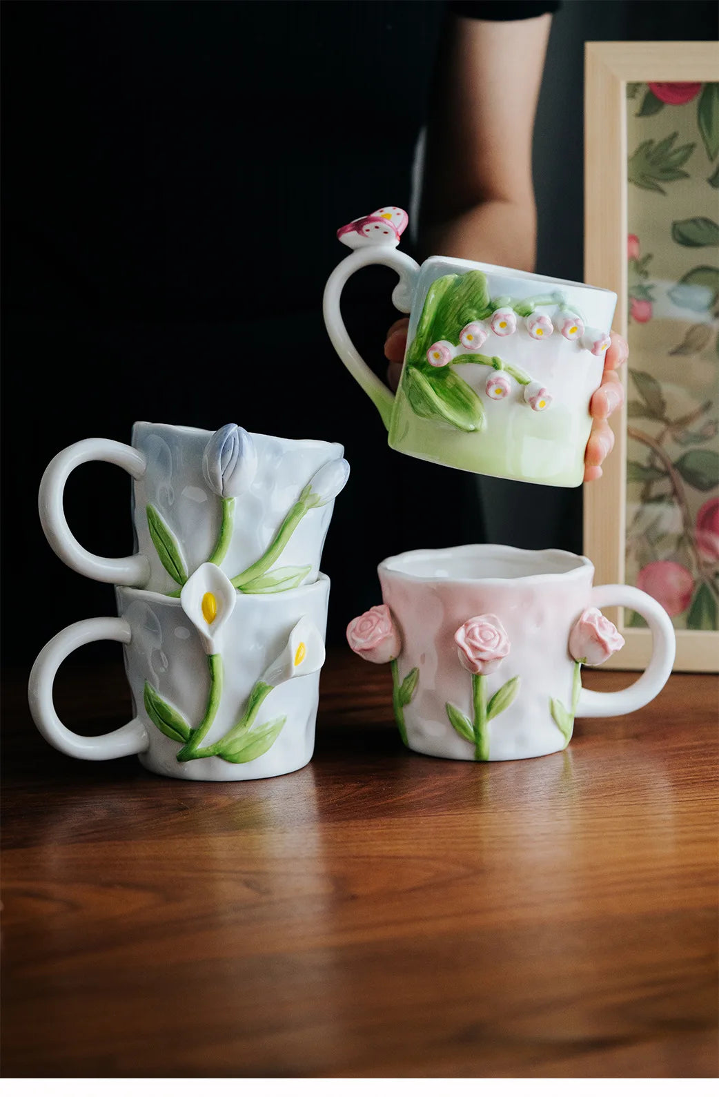 Handgefertigte Porzellantasse – 3D-Blumendesign 350ml