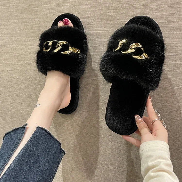 Metallkettenschuhe – Fell & Flache Sohle – Indoor-Komfort