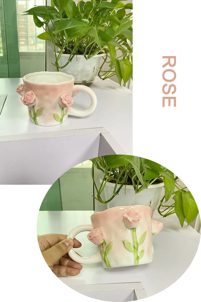 Keramik Kaffee Tasse - Rosa Tulpen-Design - 350ml