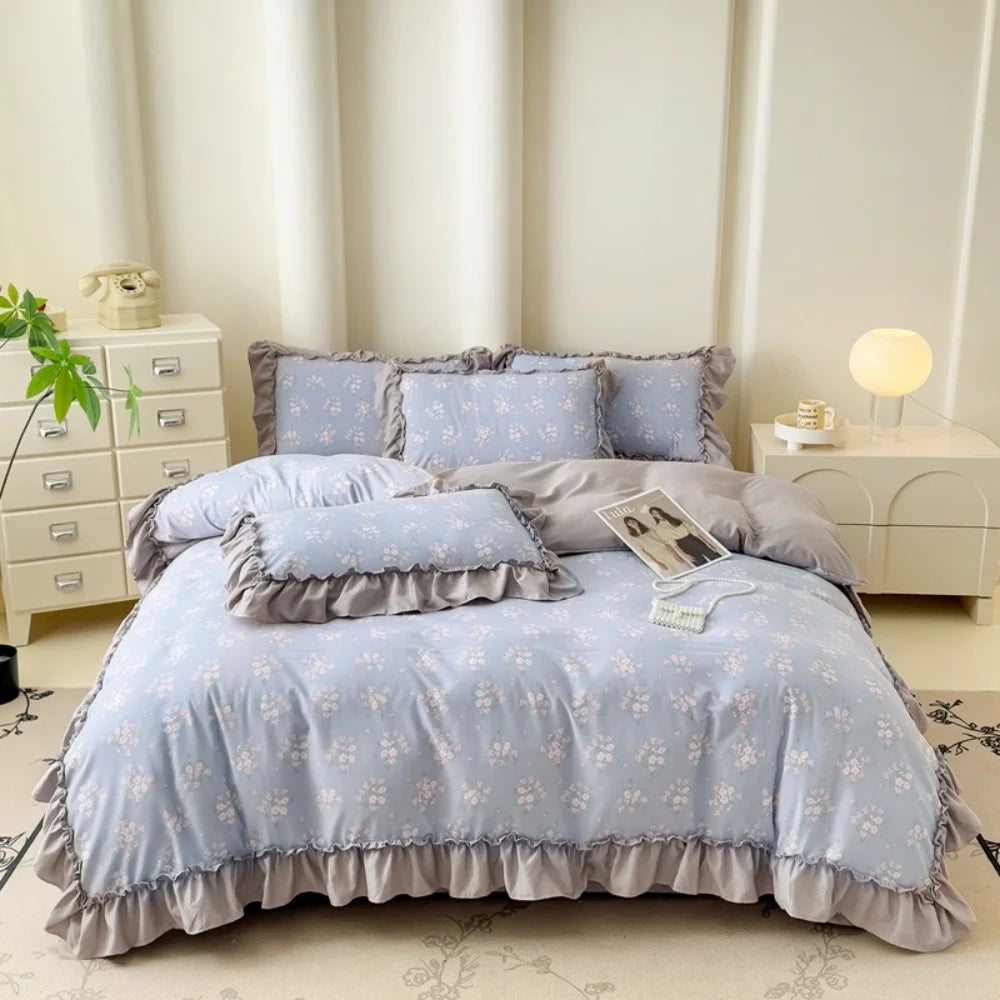Koreanisches Bettwäsche-Set – Blumen Spitzenrüschen – Mikrofaser 200x230cm