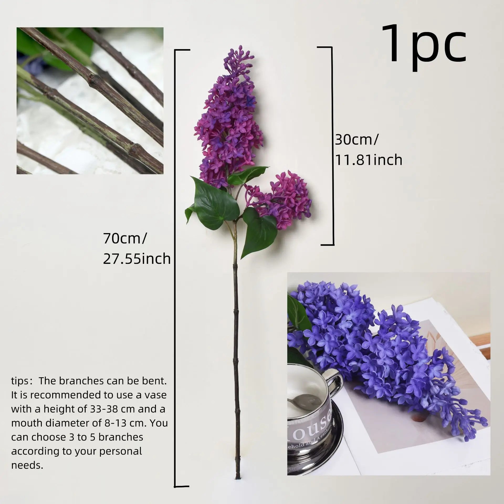 Künstliche Fliederblume – PU Silikon – 70CM Zweig