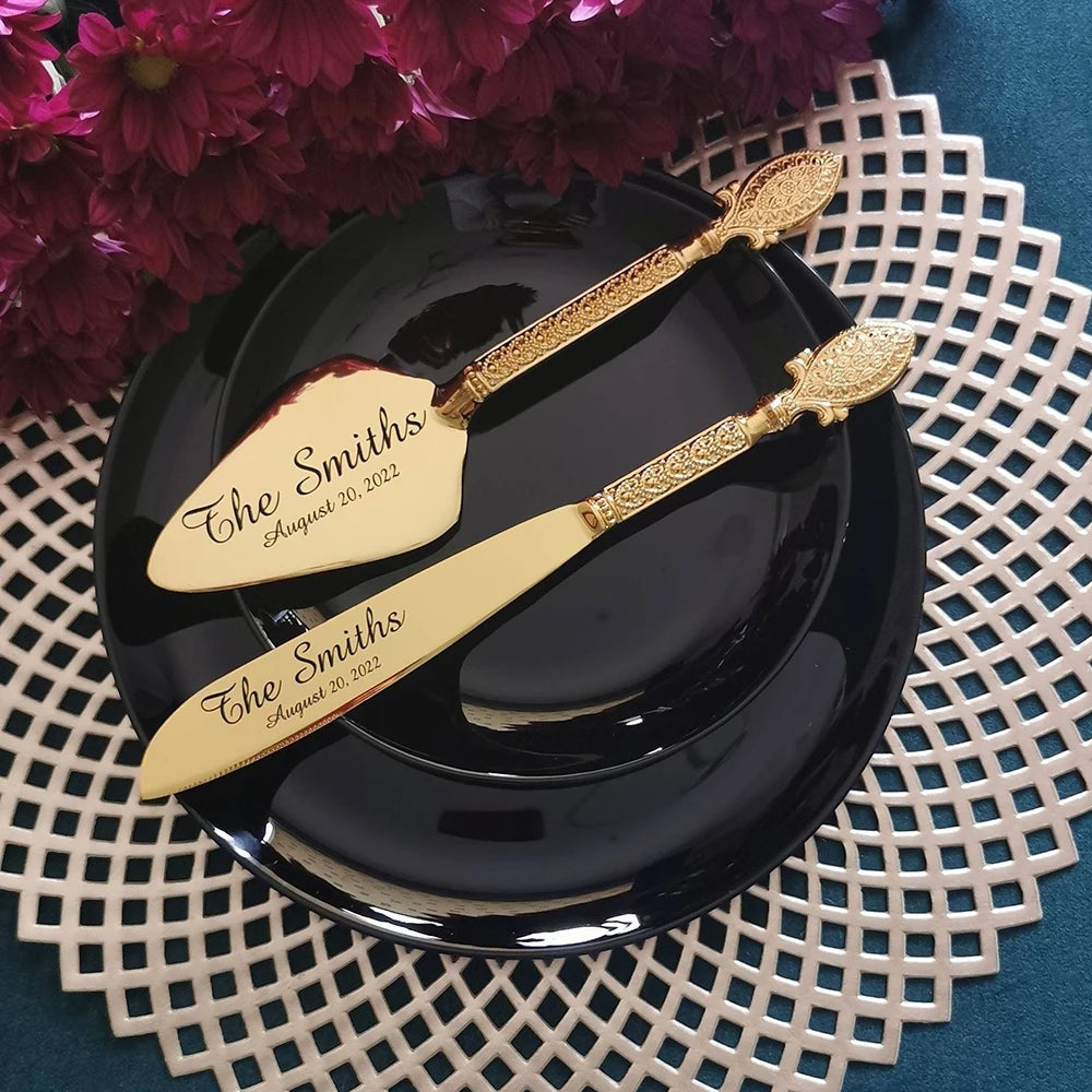 Hochzeitskuchen-Messer Set – Gold Metall Gravur – Jubiläum