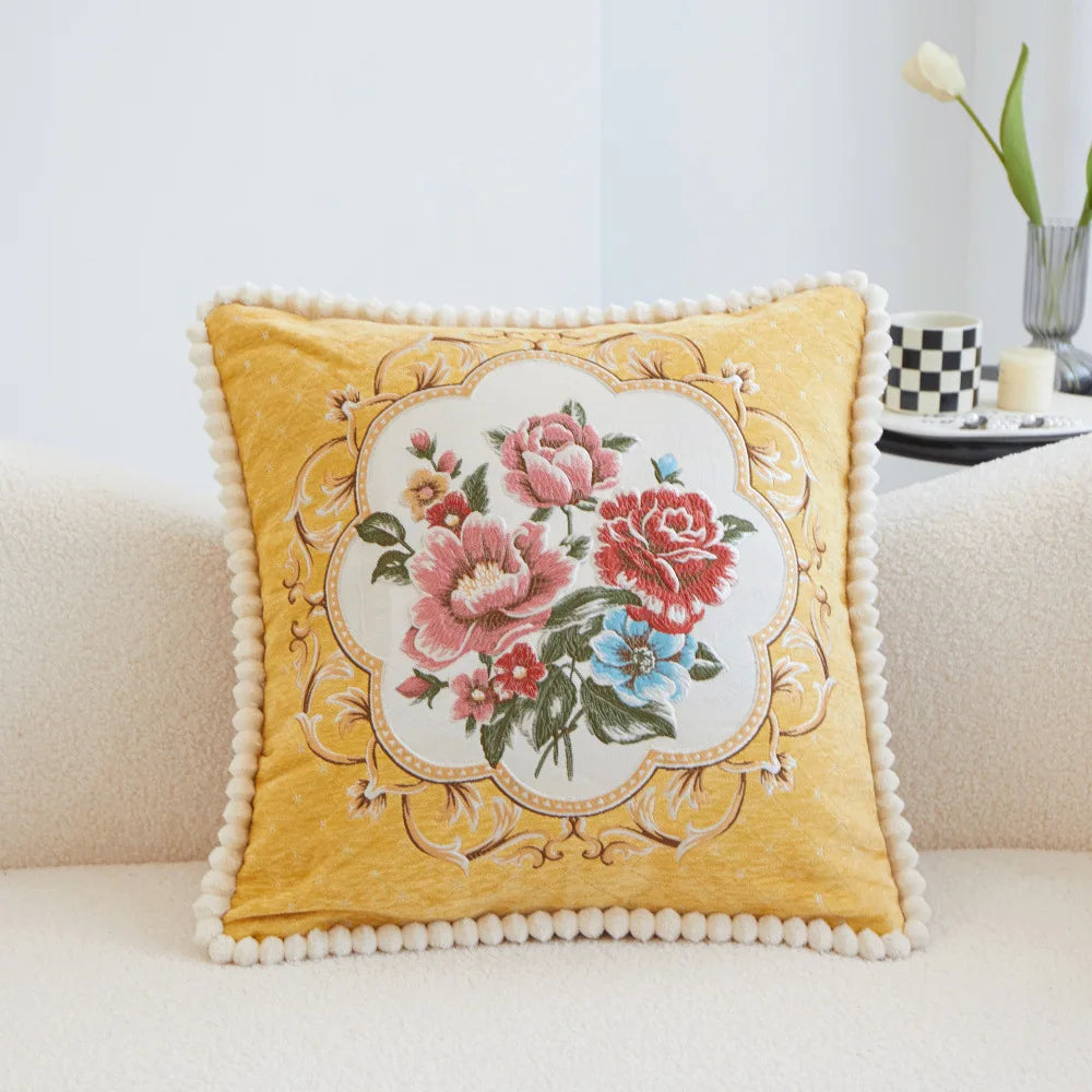 Chenille Blumenkissenbezug – Vintage Bestickt 48cm