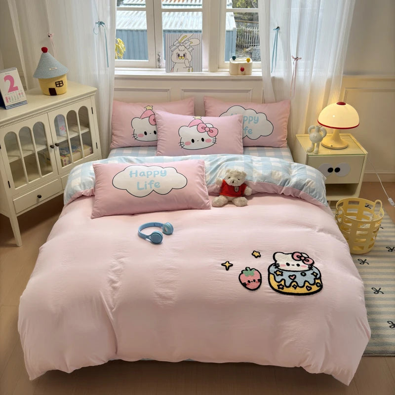 Bettwäsche-Set – Süsse Rosa Cartoon-Katzen – Weiche Baumwolle