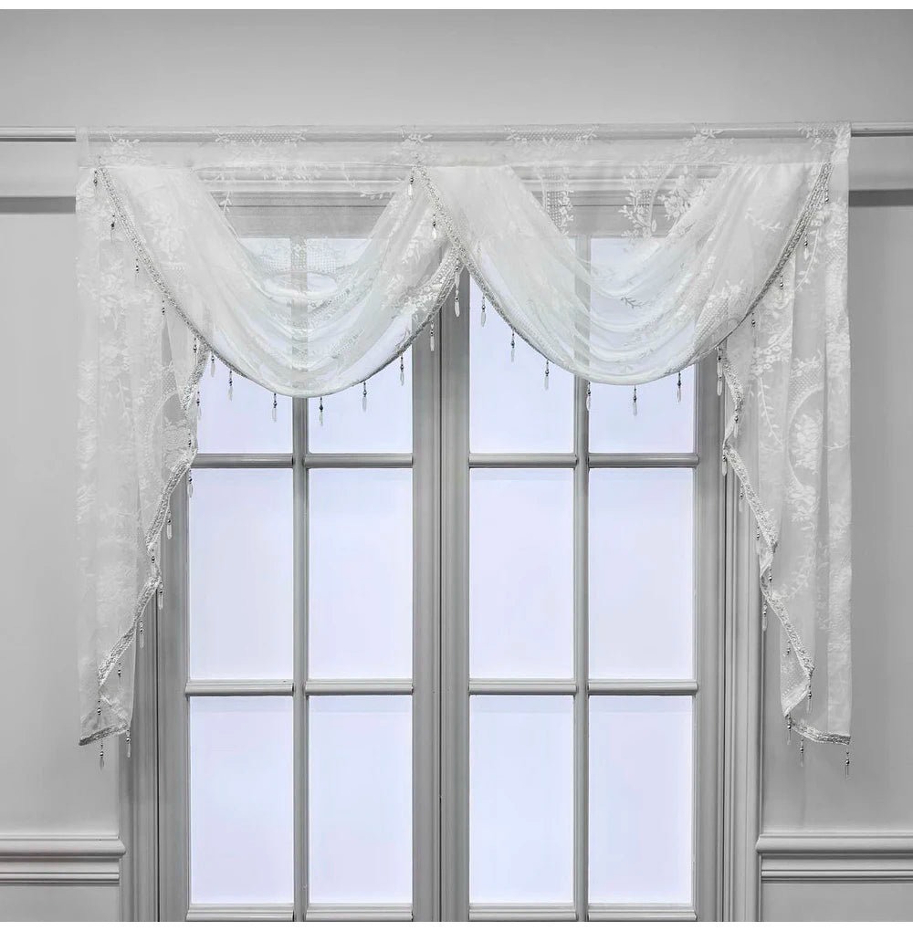 Weisse Spitzen-Scheibengardine – Luxuriöses Perlen-Design
