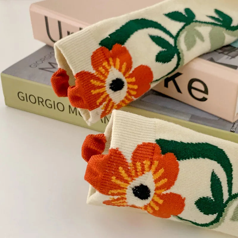 Damen Mittelhohe Socken – Florales Muster – 5er Set