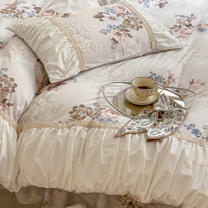 Pastorale Blumen Bettwäsche Set – 100% Baumwolle mit Spitzen