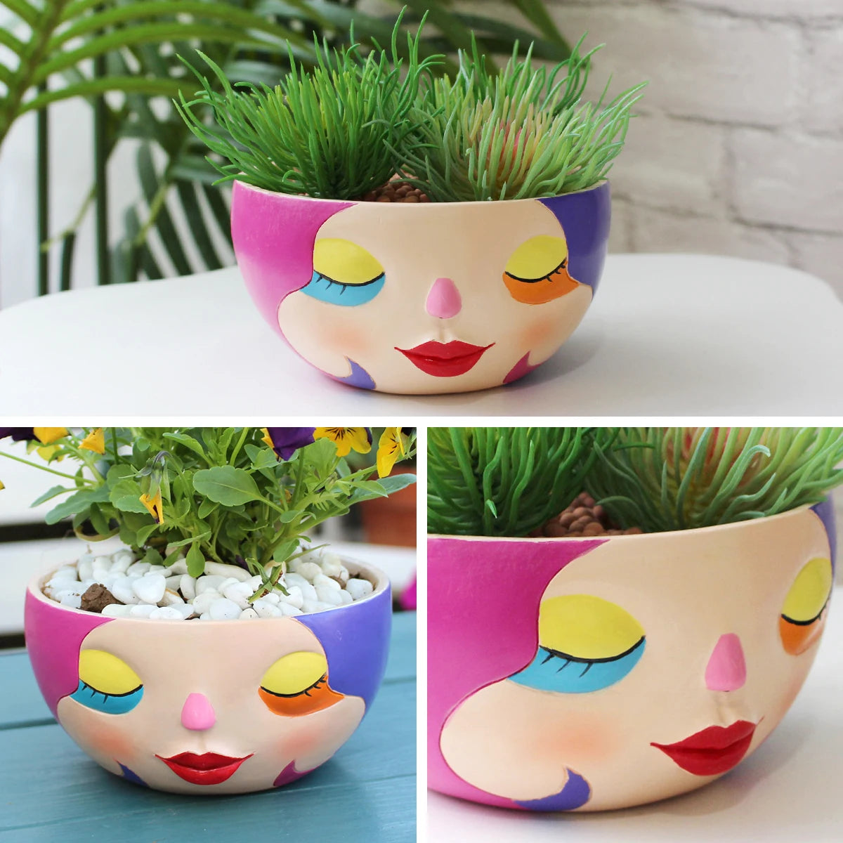 Bunter Harz Blumentopf – Modernes Gesicht Design Desktop