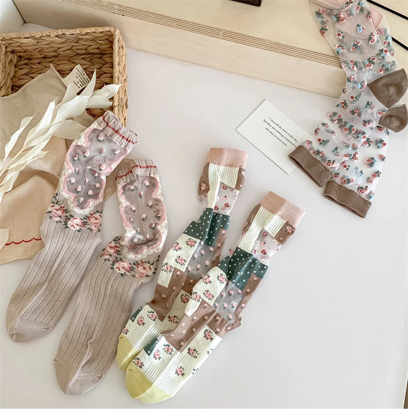 Damen Socken Blumenmuster – Retro-Stil, Transparent