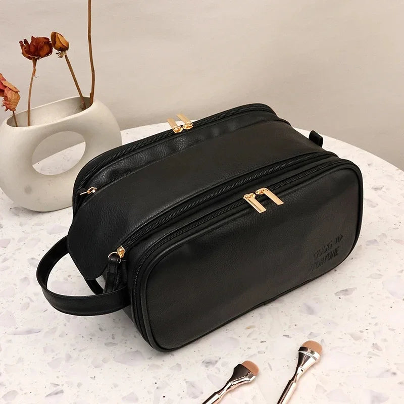 Kosmetiktasche – PU Leder, Doppel-Reissverschluss, Tragbar