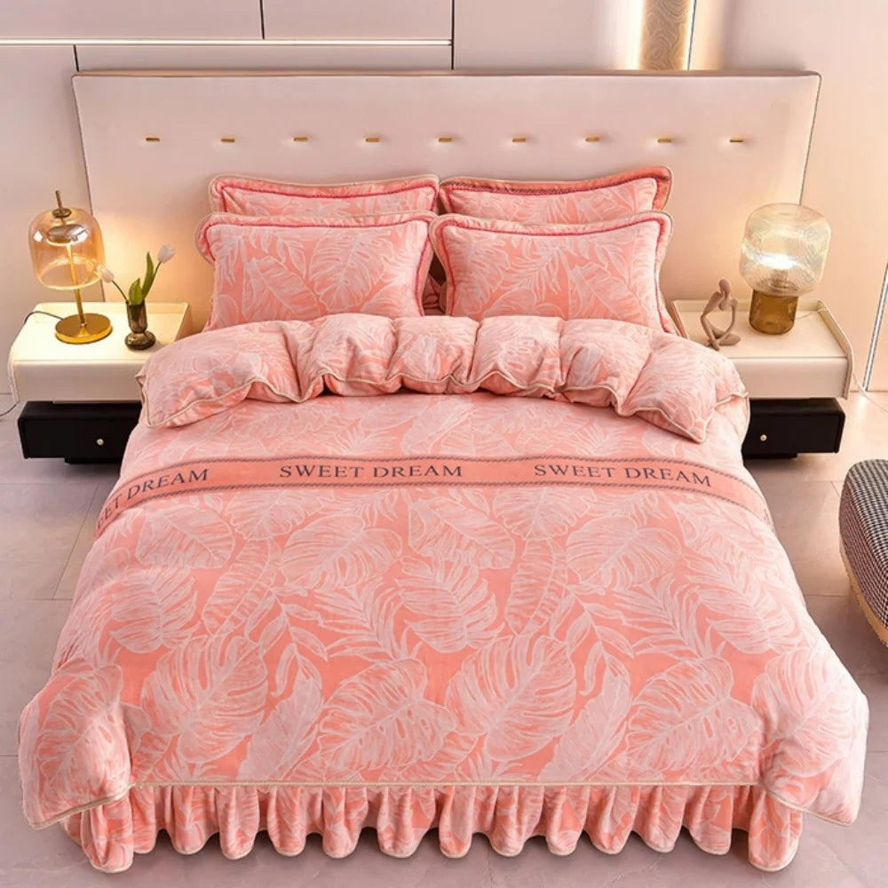 Luxus Fleece Bettwäsche in Champagner Grau mit Blumenmuster, Grösse: King 4 Teile 220x240 cm