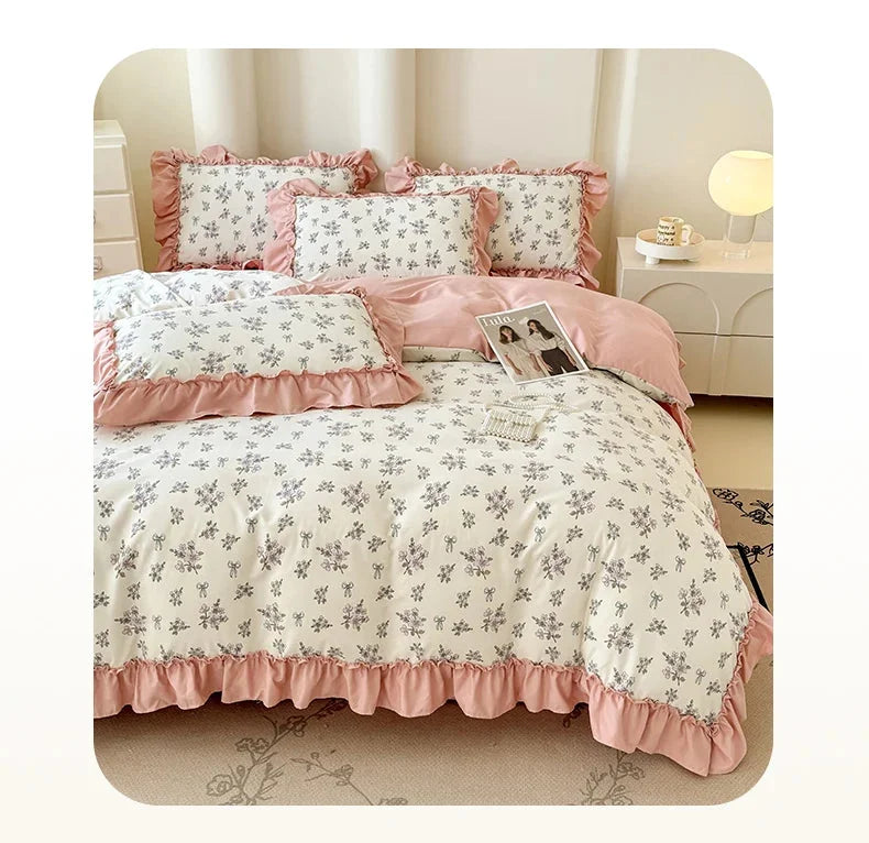 Koreanisches Bettwäsche-Set – Blumen Spitzenrüschen – Mikrofaser 200x230cm