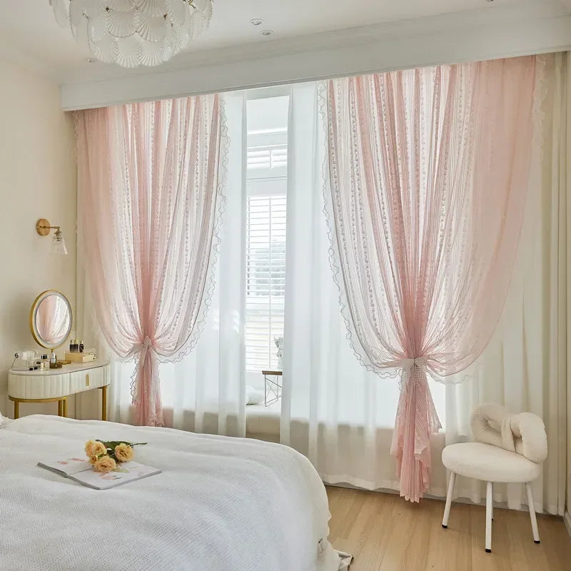 Transparente Prinzessinnen-Vorhänge mit floralem Jacquard-Muster, Farbe: Tüll, Grösse: 1Stk W300X H260CM, für Wohnzimmer