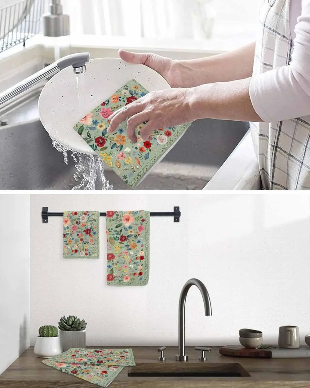 Sage Green Floral Geschirrtücher - Mikrofaser 40x60cm