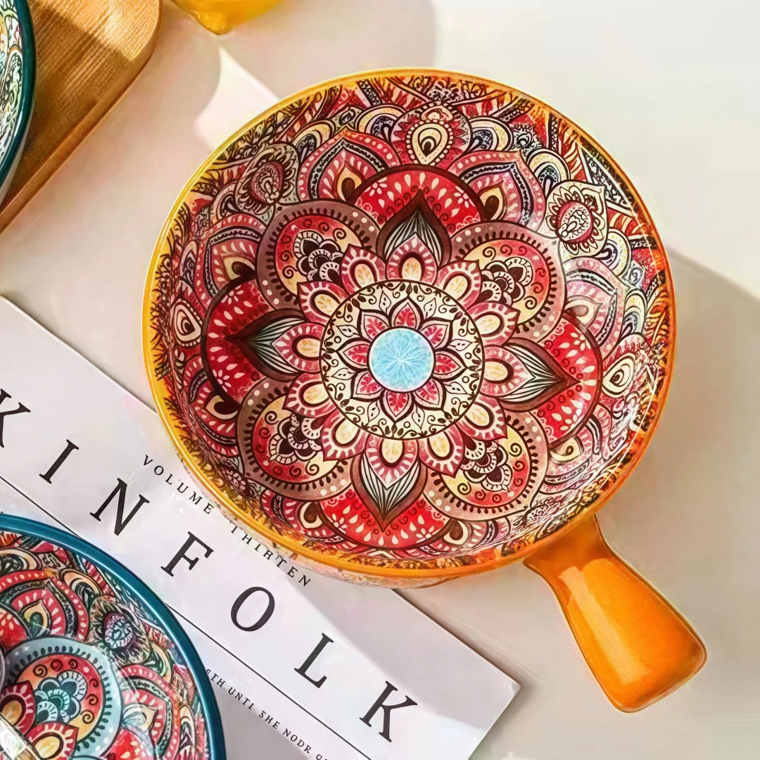 Salatschüssel - Handbemaltes Keramik mit Griff - Ofen- & Mikrowellensicher