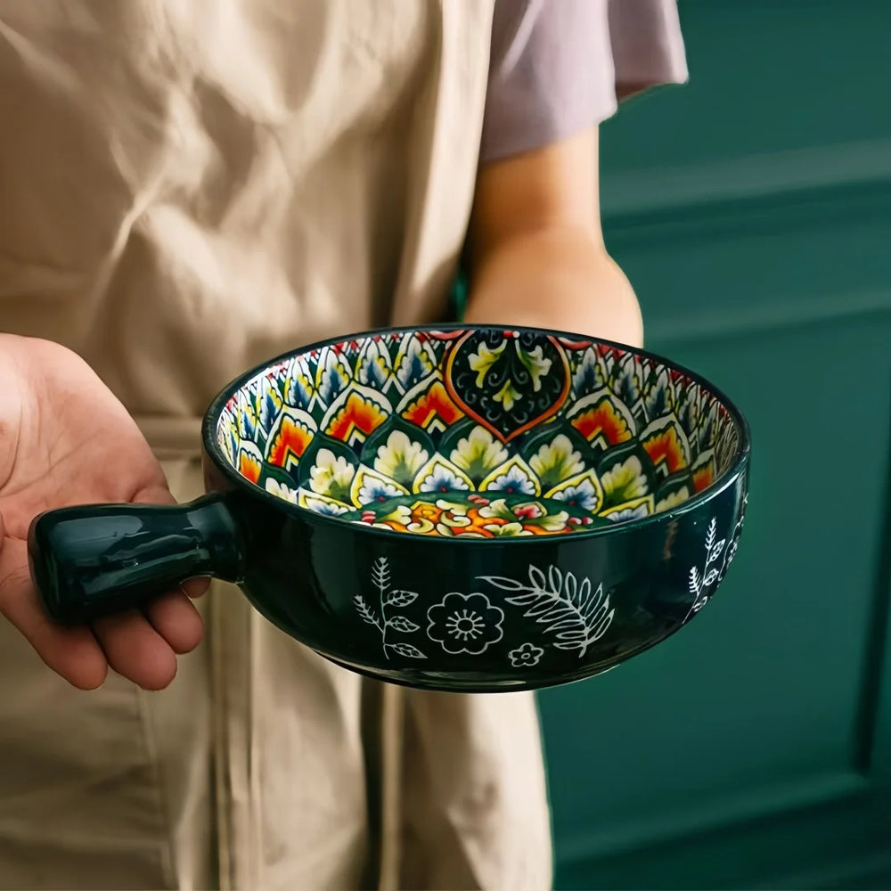 Salatschüssel - Handbemaltes Keramik mit Griff - Ofen- & Mikrowellensicher