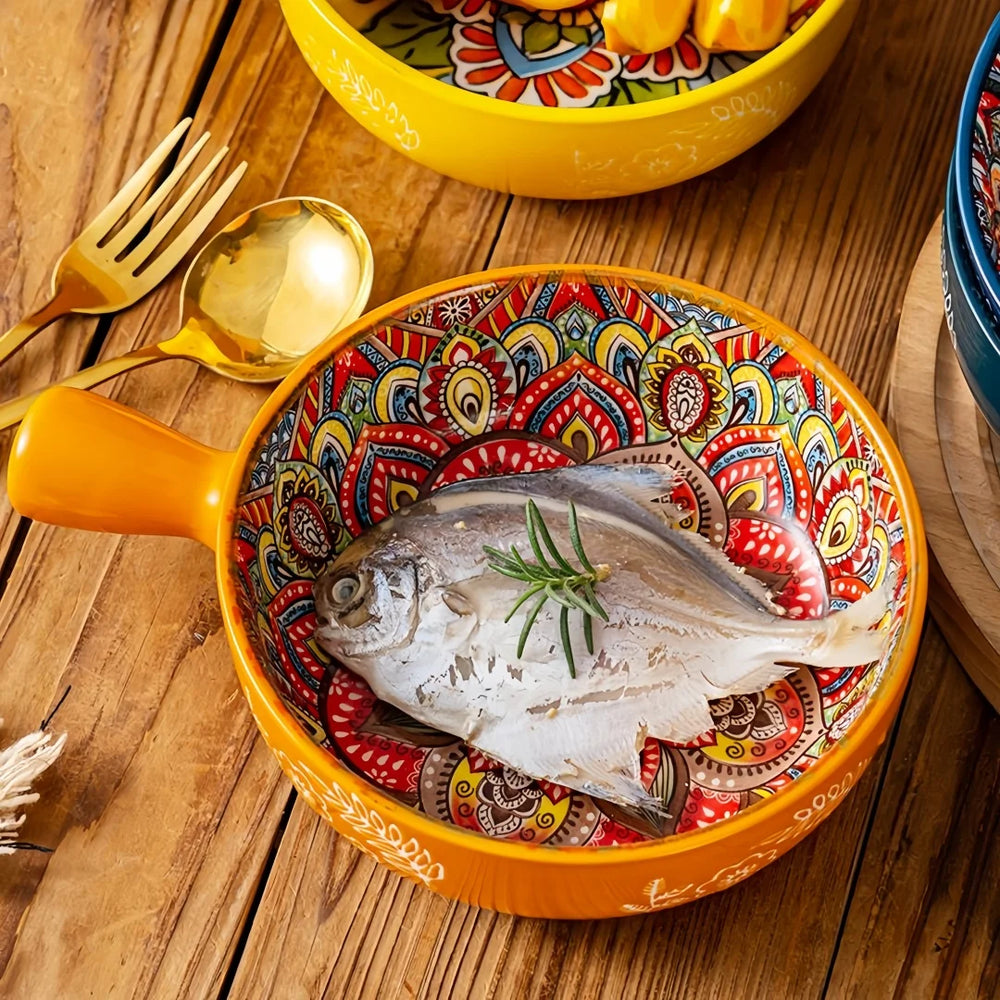 Salatschüssel - Handbemaltes Keramik mit Griff - Ofen- & Mikrowellensicher