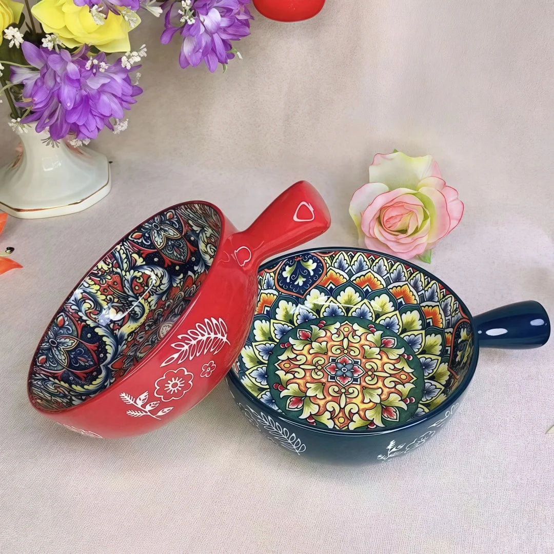 Salatschüssel - Handbemaltes Keramik mit Griff - Ofen- & Mikrowellensicher