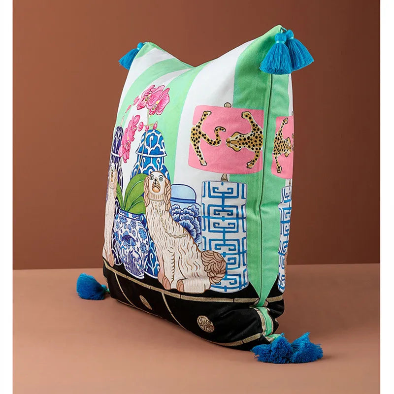 Samt Kissenbezug im chinesischen Stil mit Tierdruck, Farbe: wie abgebildet, Grösse: 60x60 cm