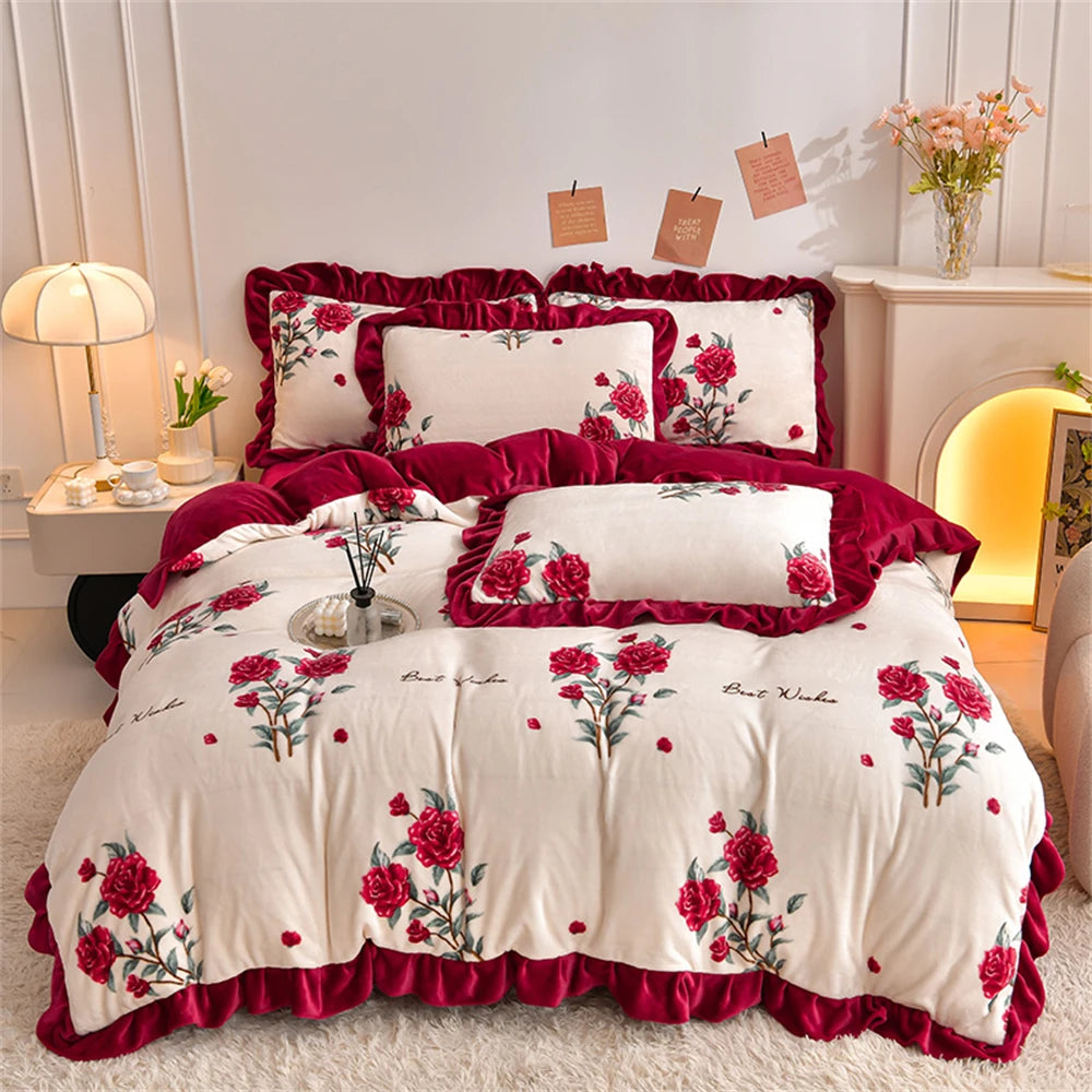 Winter Bettwäsche Set aus weichem Fleece mit Blumenstil und Spitze, Farbe: ziselangman, Grösse: King 220x240cm
