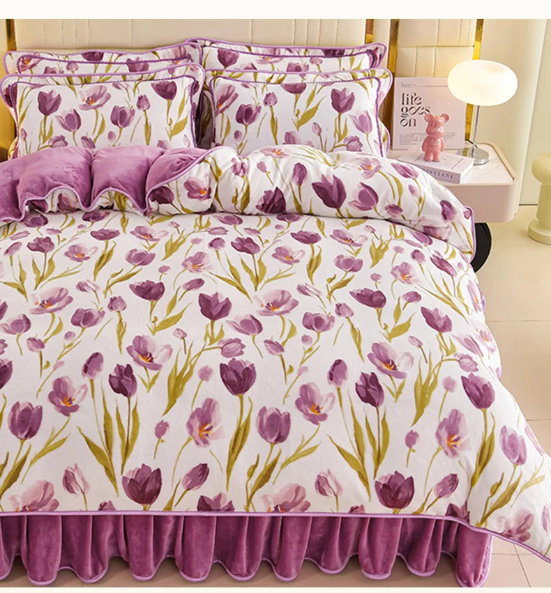 Luxuriöses Milk Velvet Bettset mit floralem Muster, Farbe: bainianhaohe, Grösse: 200x230cm Bezug 4 Teile