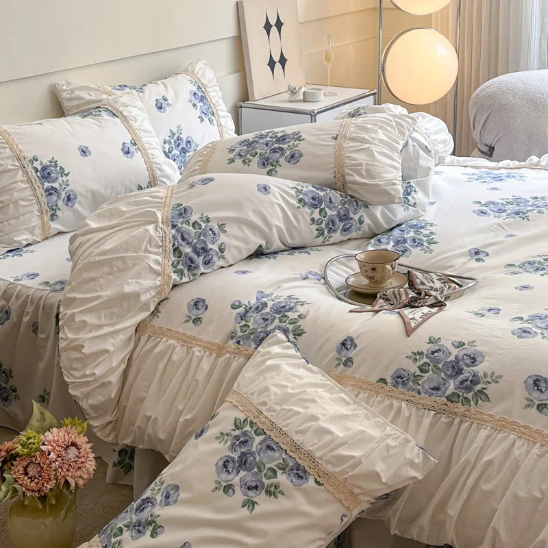 Pastorale Blumen Bettwäsche Set – 100% Baumwolle mit Spitzen