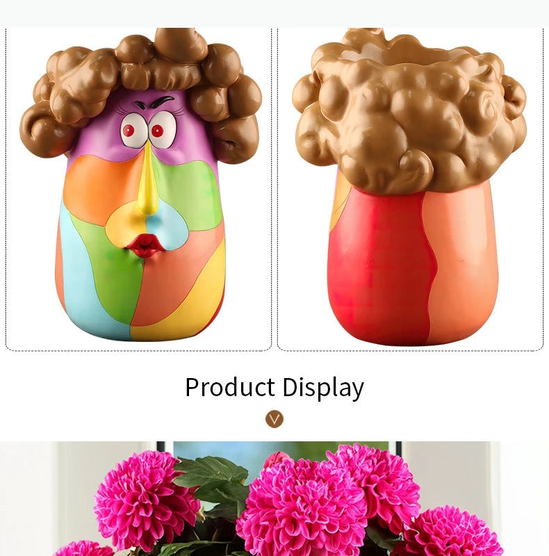 Cartoon Harz Blumentopf – Lockiges Mädchen, 16x22cm