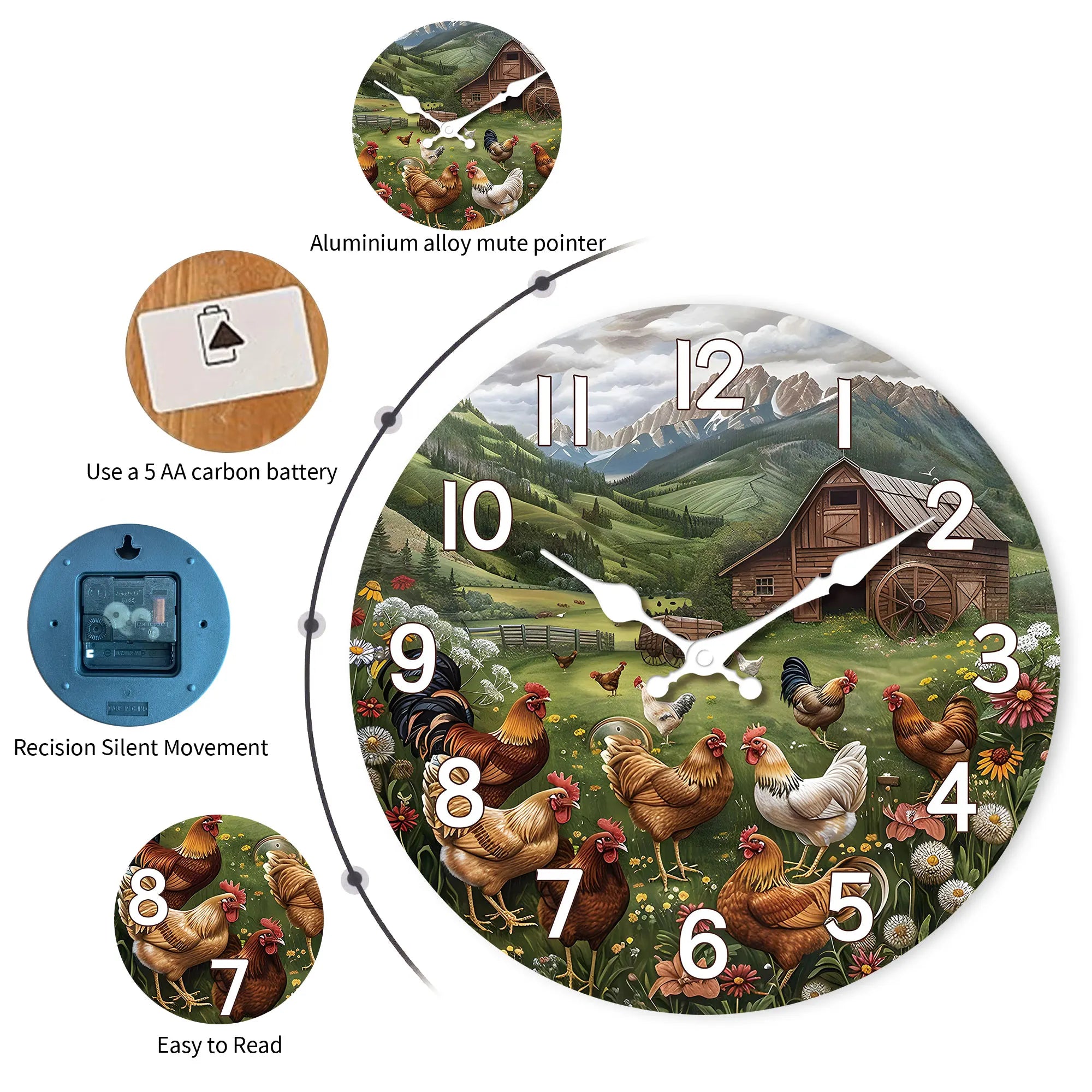 Rustikale Holz-Wanduhr – Bergdesign – 12 Zoll