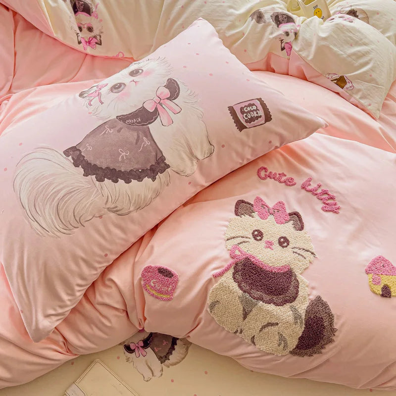 Bettwäsche-Set – Süsse Rosa Cartoon-Katzen – Weiche Baumwolle