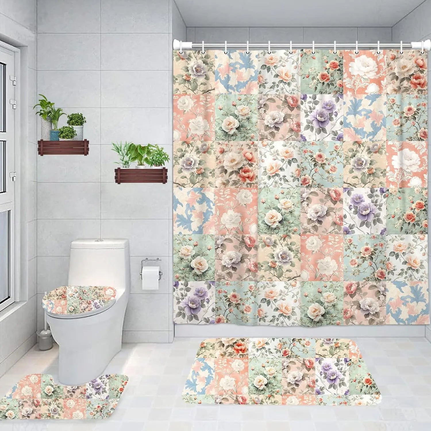 Floraler Duschvorhang – Modern Weiss und Gold – 180x180cm Set
