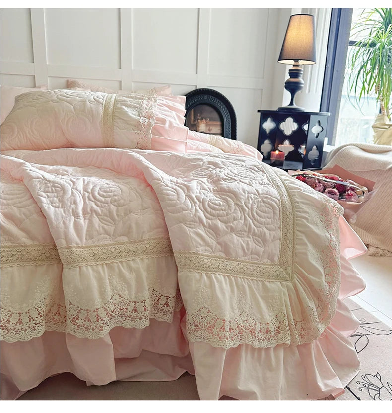 Gesteppte Bettdecke Set – Vintage Spitze Baumwolle – Verschiedene Grössen