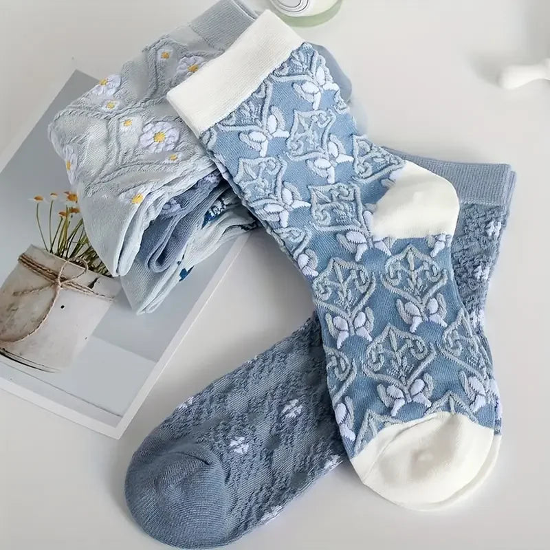 Hochwertige Damen Crew Socken – Blaues Blumenmuster